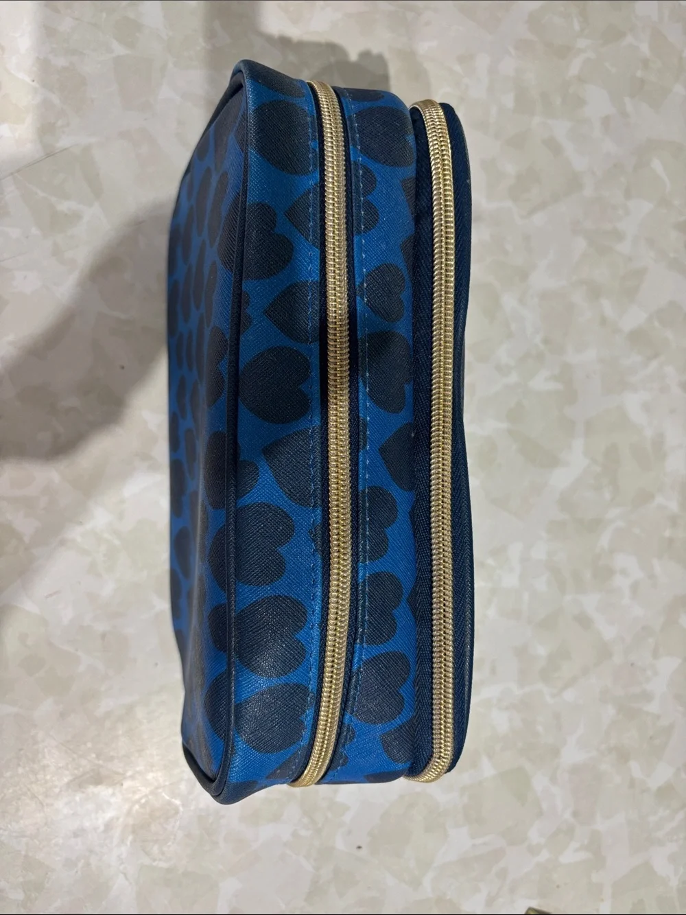 Dabney Lee Multiple Compartment Blue Cosmetic Pouch with Navy Heart Print